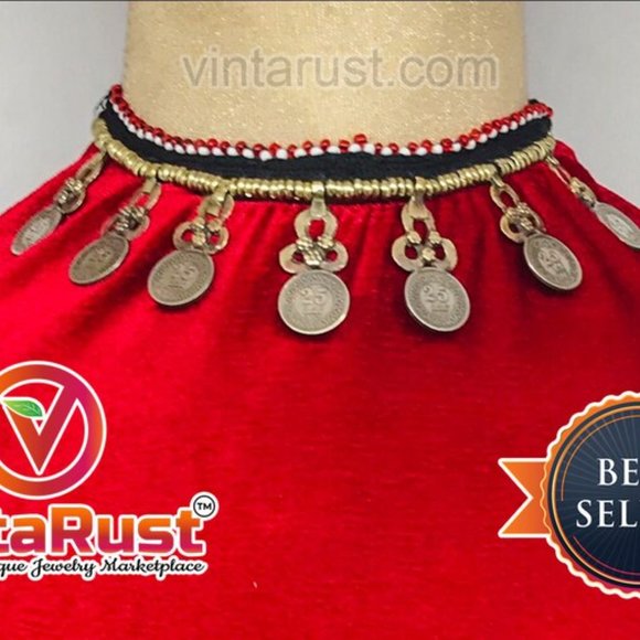 Vintage Choker Necklace With Dangling Coins, Statement Coins Choker Necklace - Picture 1 of 7